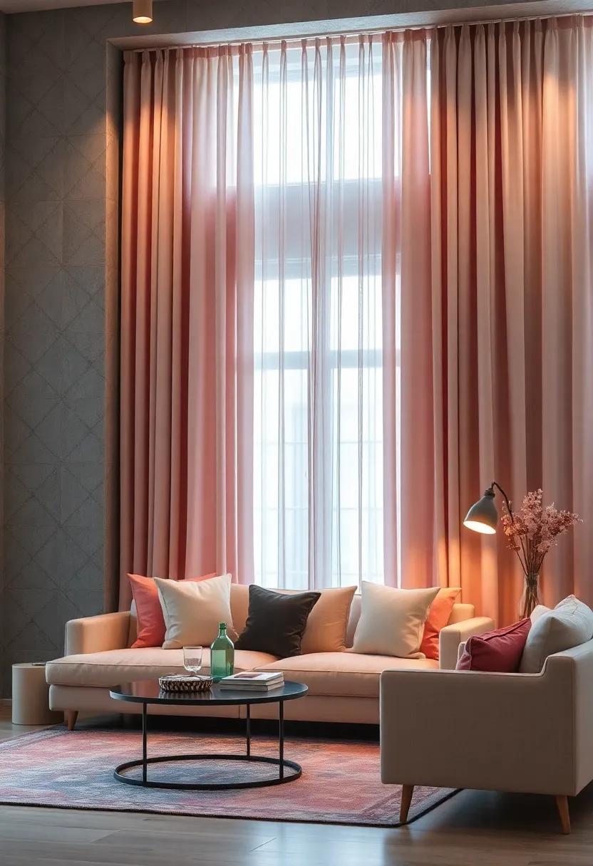 Soft Pastel Curtains Casting a Dreamy Glow Over a Serene Living Room Space