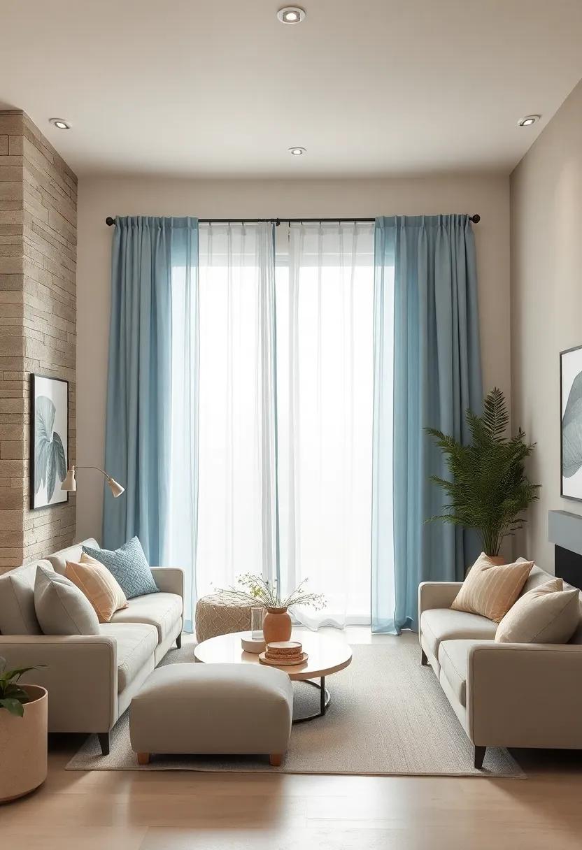 Misty Blue Curtains Adding a Touch of Tranquility and Depth to a Bright, Airy Living Room
