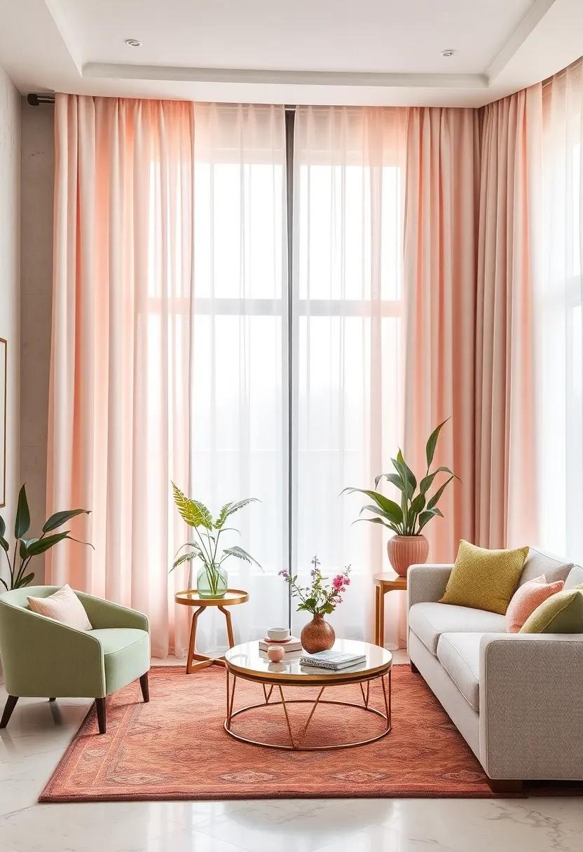 Frosted Pastel Curtains Setting a Dreamlike Mood for an Elegant, Art Deco Inspired Lounge