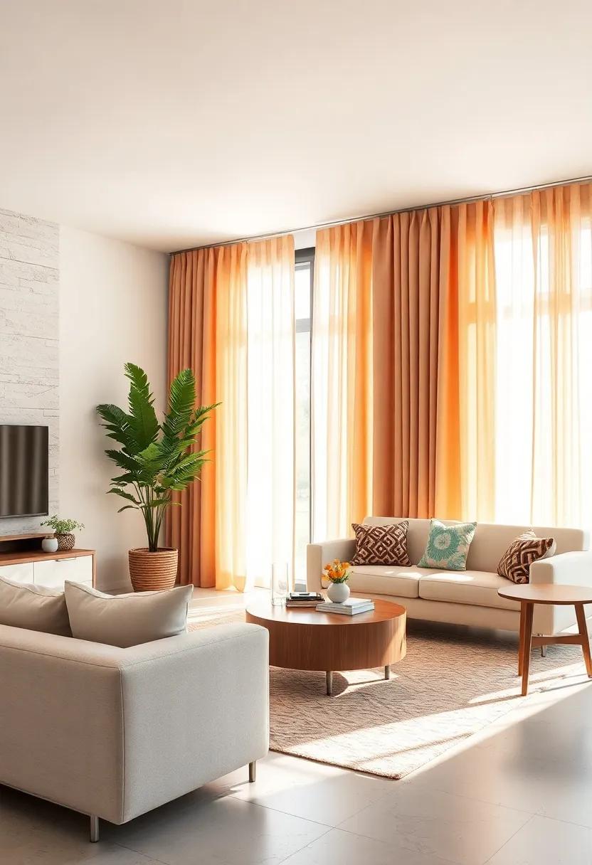 Creamy Apricot Curtains Highlighting Mid-Century Modern Furniture in a Sunlit Setting