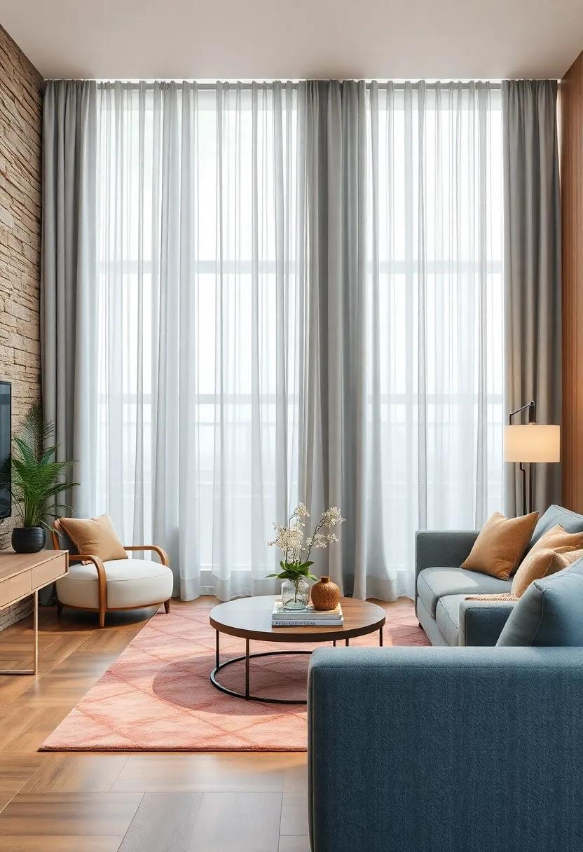 Draperies in Gentle Pastel Greens Blending Seamlessly with Indoor Botanical Arrangements