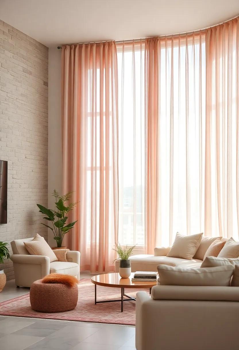 A Chic Living Room Draped in Sheer Blush Pink Curtains with Sunlight Filtering Through