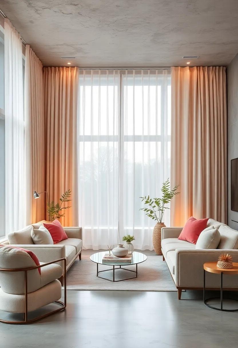 A Harmonious Living Room With Multiple Pastel Curtains in Misty Tones and Soft Ambient Lighting