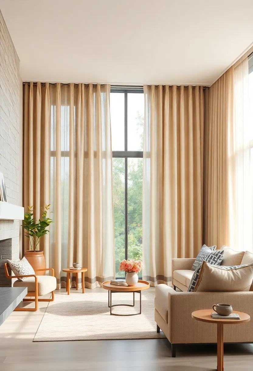 Soft Beige Curtains with Subtle Patterns Creating a Warm and Inviting Atmosphere by the Fireplace