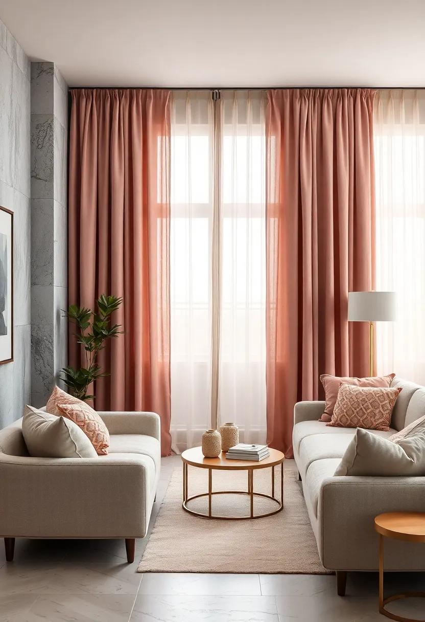 Muted Coral Curtains with Light Sheers Offering a Romantic and Ethereal Feel in an Open Plan
