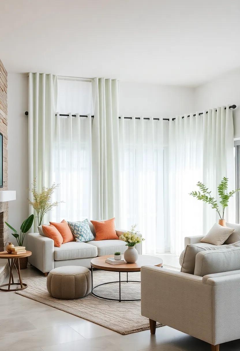 Light Aqua Pastel Curtains Giving a Refreshing Coastal Vibe to a Rustic Chic Living Area