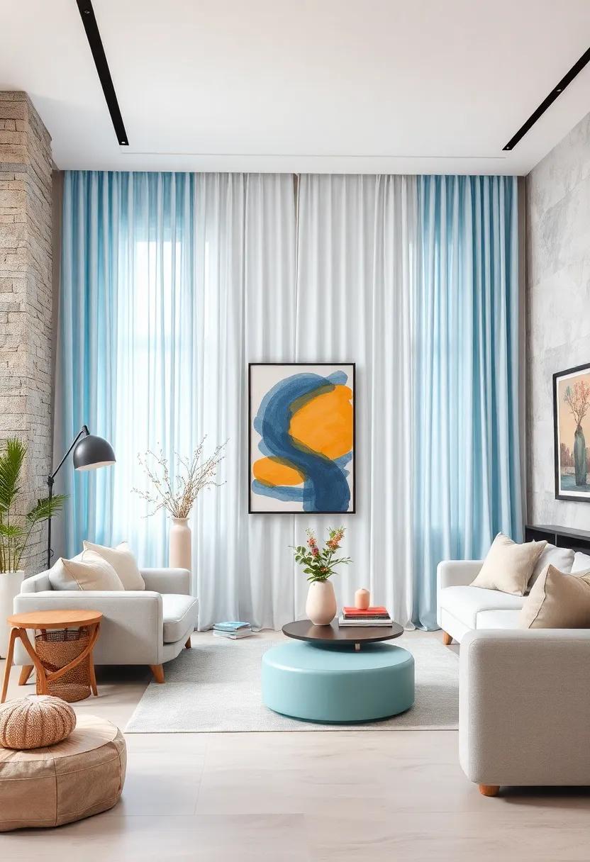 A Pastel Palette Living Room Featuring Sky Blue Curtains Juxtaposed with Bold Art Elements