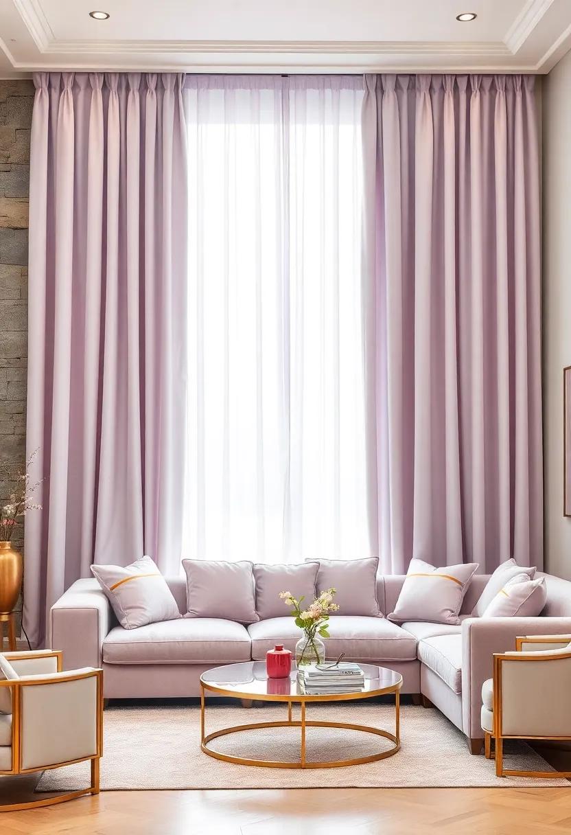 Soft Lilac Curtains Cascading Over Velvet Sofas and Gold-Tone Furnishings for Timeless Elegance
