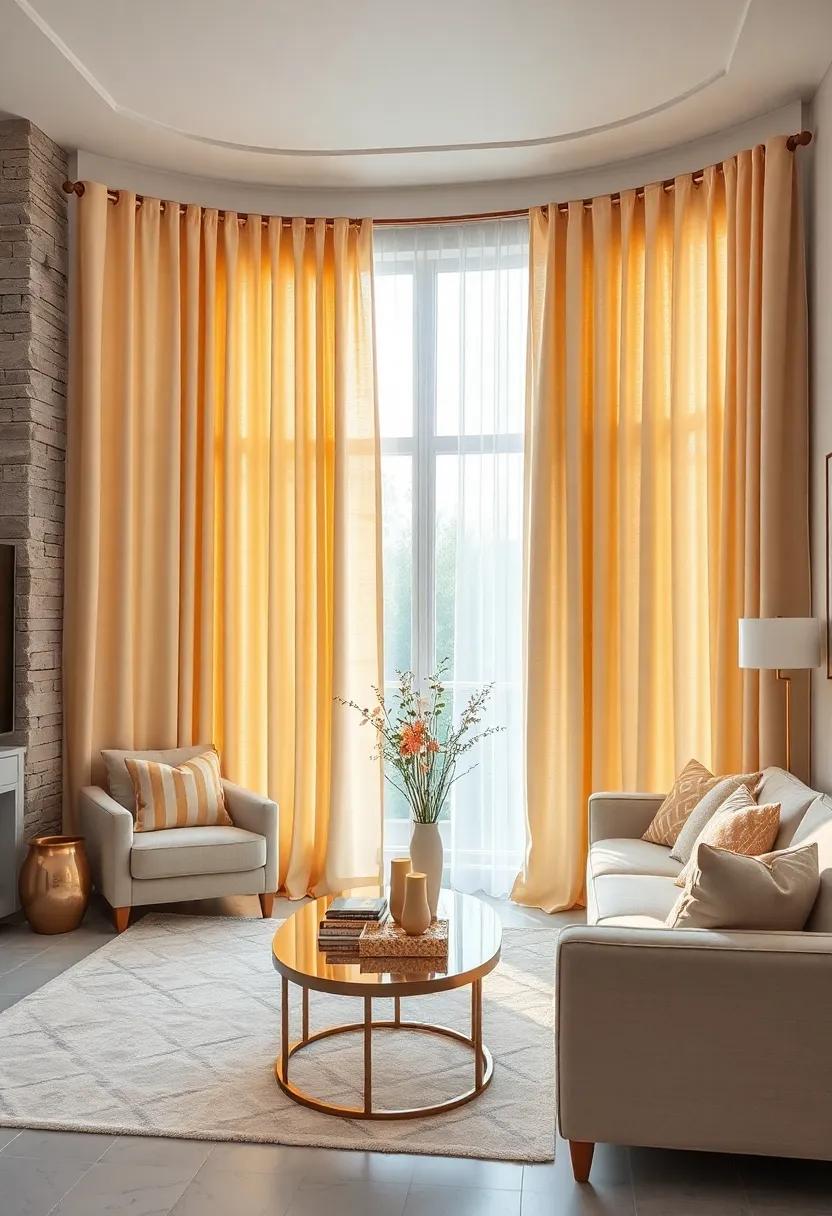 A Sophisticated Room Bathed in Pale Yellow Pastel Curtains Paired With Metallic Accents
