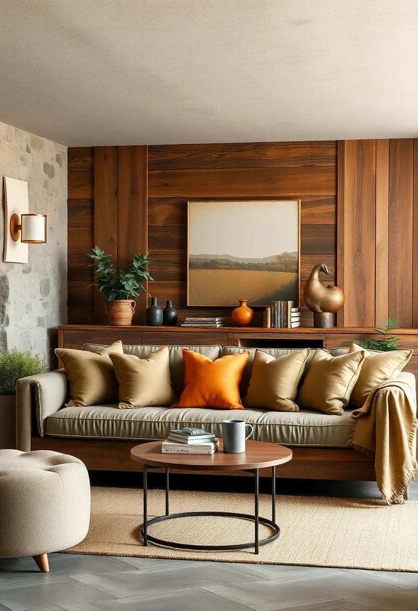 Embracing the Warmth of Earth Tone Cushions Against a Reclaimed Wood Sofa in a Rustic Living Room