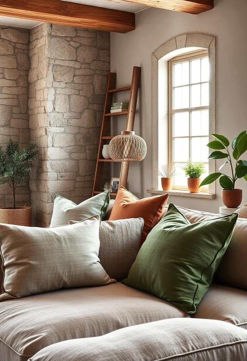A Cozy Reading Nook Styled with Layered Cushions in Muted Greens and Browns Beside an Antique Ladder Shelf