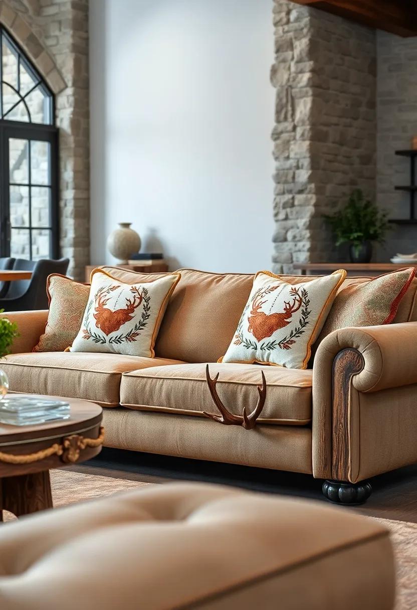 Plush Cushions with Hand-Painted Motifs Resting on an Antler-Accented Rustic Sofa for a Lodge-Inspired Look