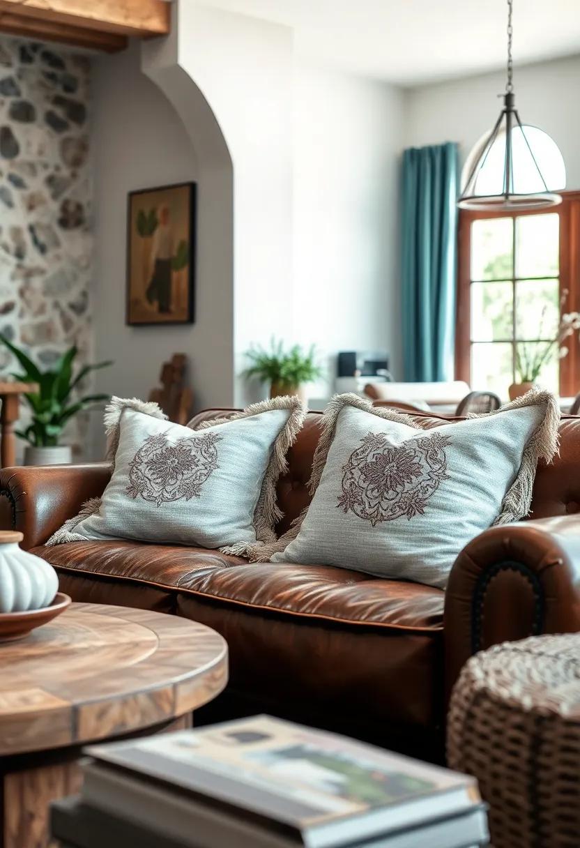 Plush Cushions with Subtle Embroidery and Fringe Details on a Rustic Farmhouse Sofa with Worn Leather