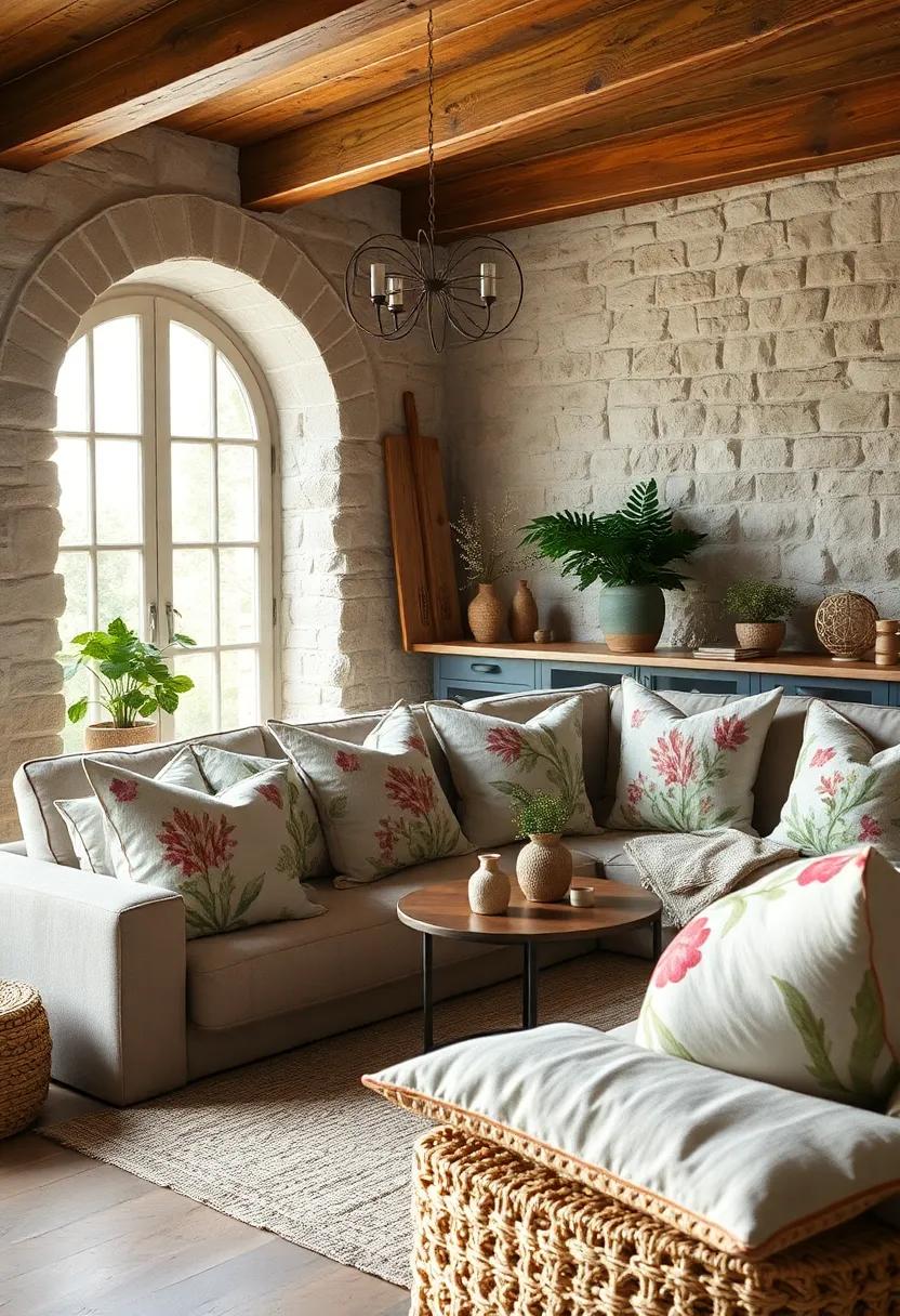 Soft, Oversized Cushions with Botanical Prints Bringing Nature's Calm into a Rustic Living Space