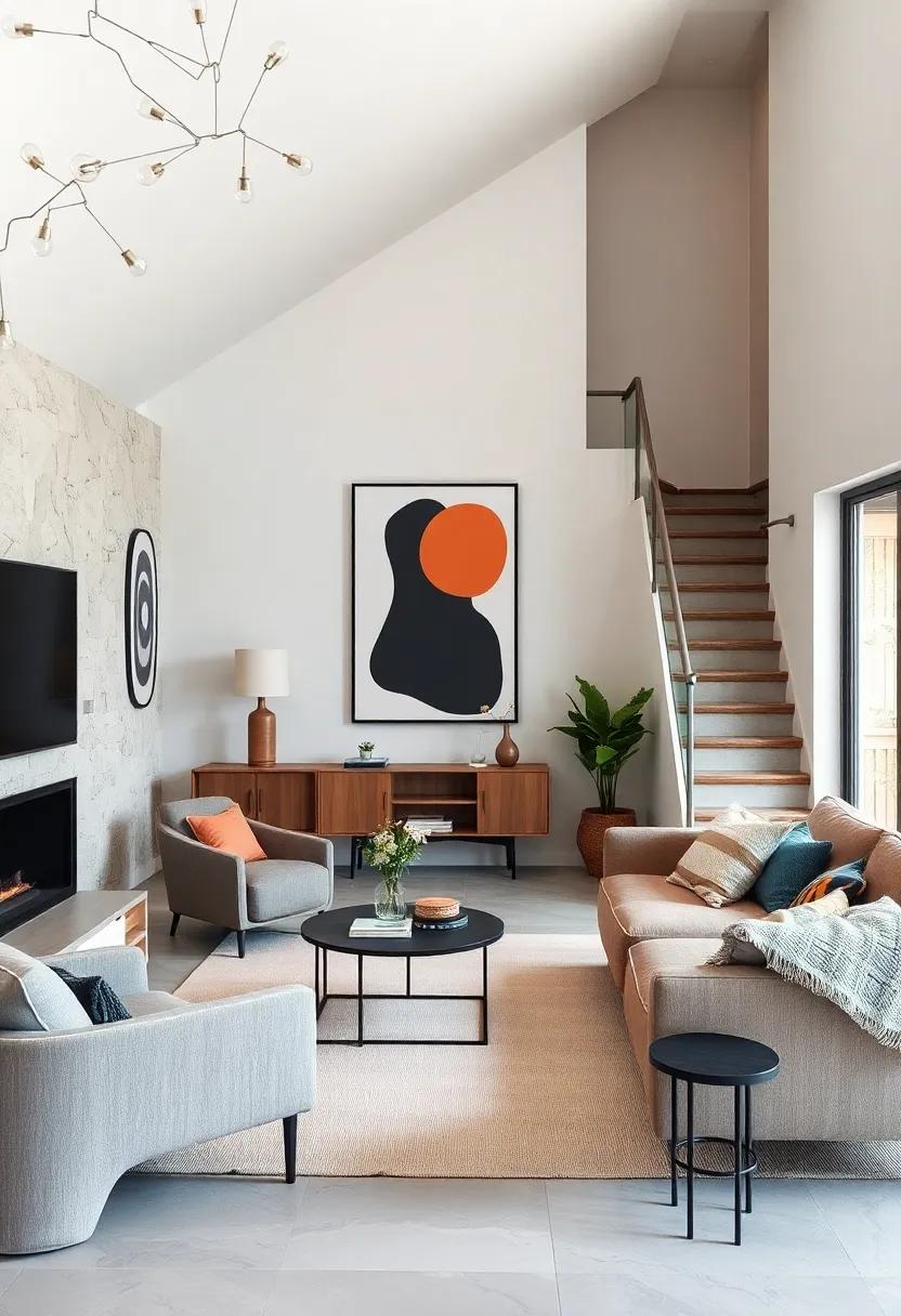 Modern Geometric Staircase Zones Highlighted by Bright Pop Art and Sculptural Wall Pieces