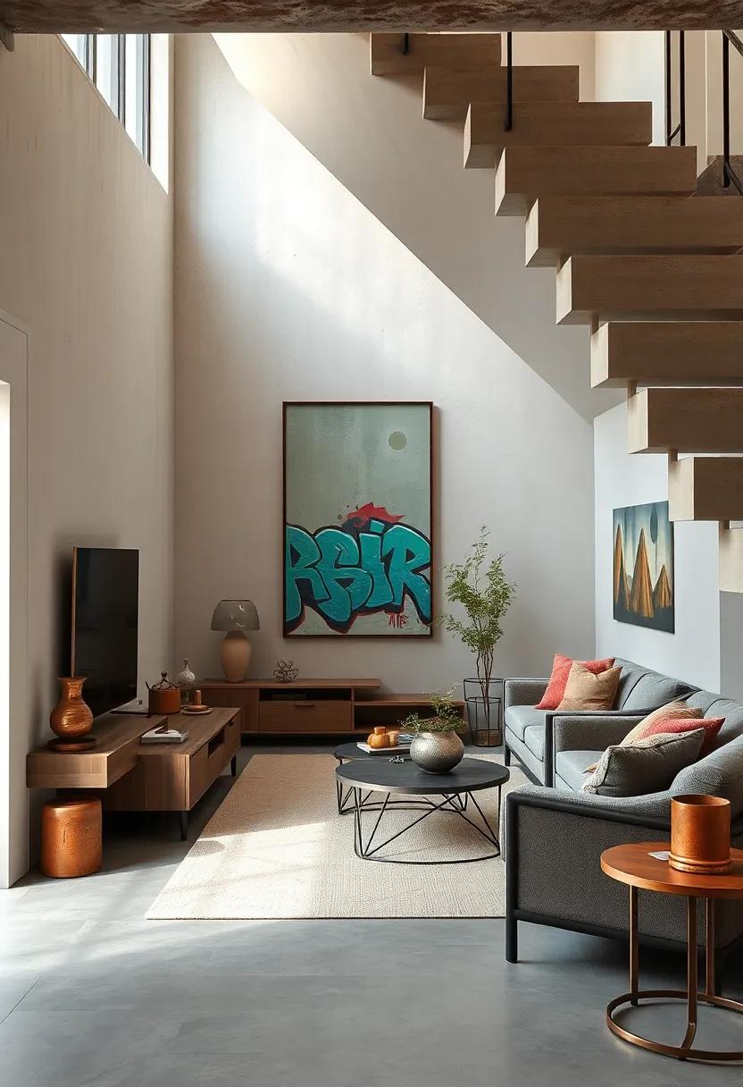 Industrial Style Staircase Space Infused with Urban Graffiti Art and Rusty Metal Accents