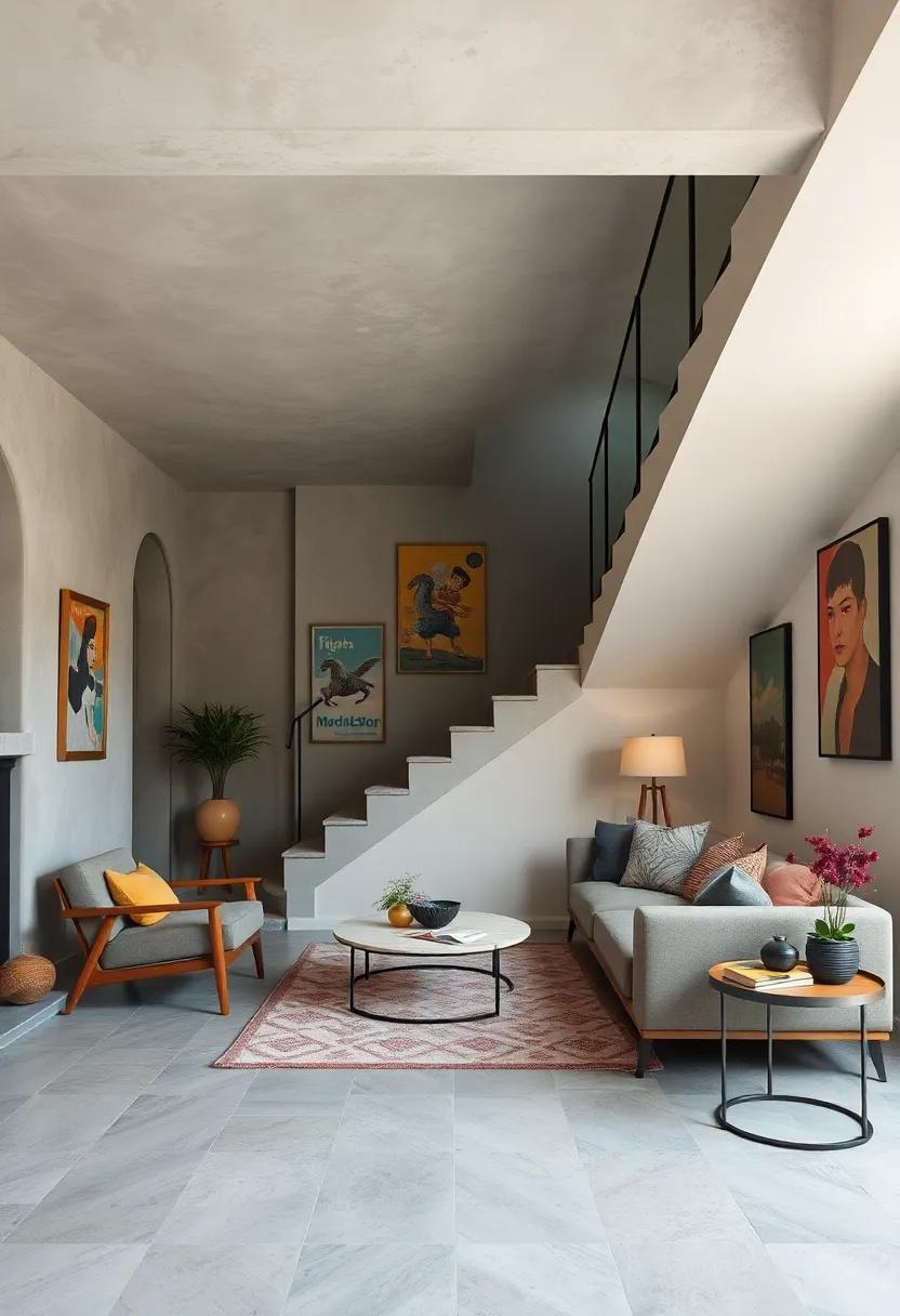 Eclectic Mix of Vintage Posters and Modern Street Art Brightening Up an Under-Stairs Lounge Area