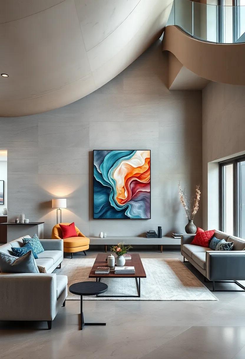 Elegant Shelving Units Framed by Large Canvas Paintings in Subtle Earth Tones Under a Sleek Staircase