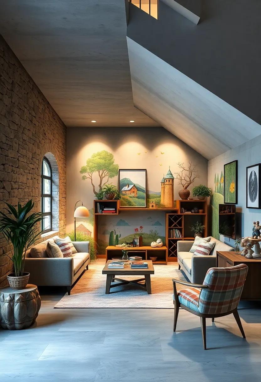 Whimsical Children's Play Area Under Stairs Featuring Colorful Fairy Tale Murals and Storybook Illustrations