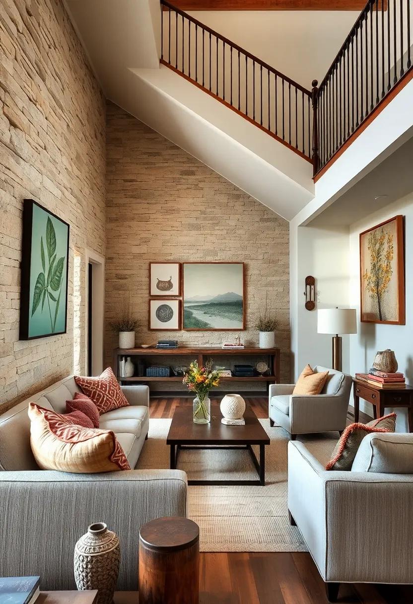 Rustic Farmhouse Under-Stairs Galleries Showcasing Handcrafted Folk Art and Textured Ceramic Pieces