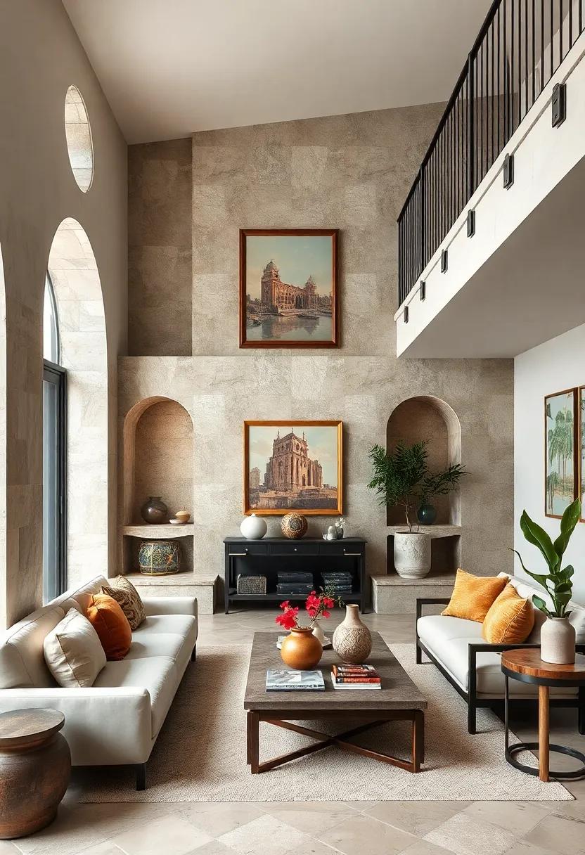 Mediterranean Style Alcoves Under Stairs Adorned with Ceramic Tile Murals and Antique Artifacts