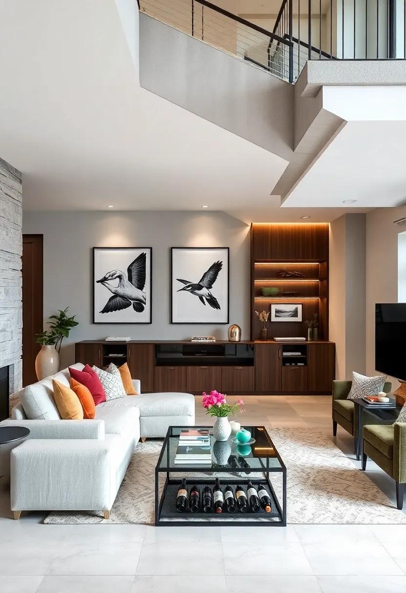 Classic Black and White Photo Collages Framing a Minimalistic Under-Stairs Wine Display Zone