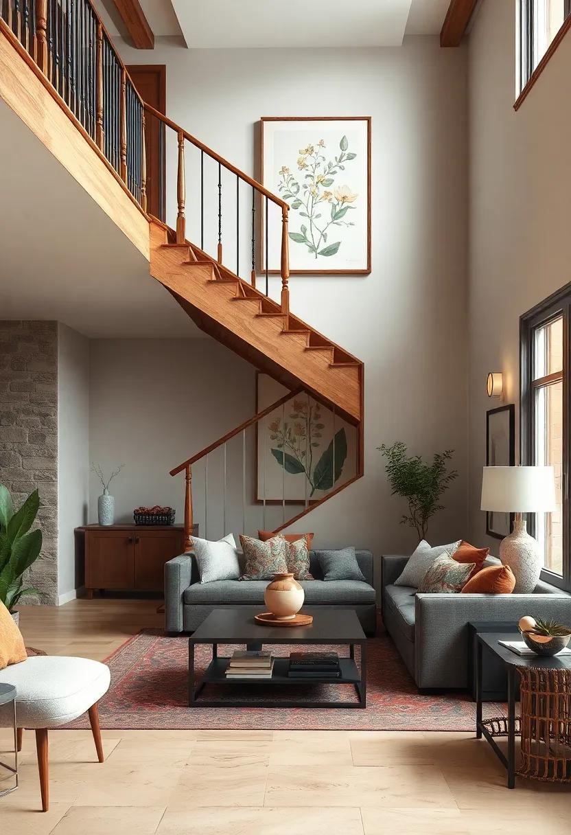 Classic Wooden Staircases Complemented by Vintage Botanical Prints and Warm Retro Decor