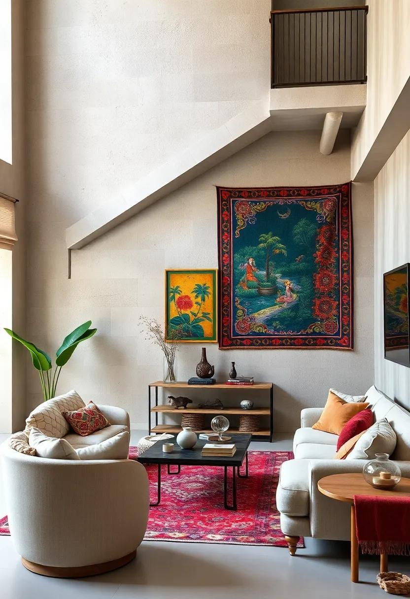 Bohemian Inspired Zones Beneath Stairs Filled with Colorful Tapestries and Exuberant Painted Panels