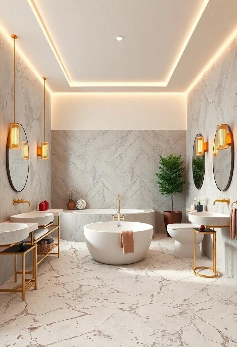 Art Deco Inspired Bathrooms with Glamorous Geometric Terrazzo Floor Patterns and Gold Fixtures