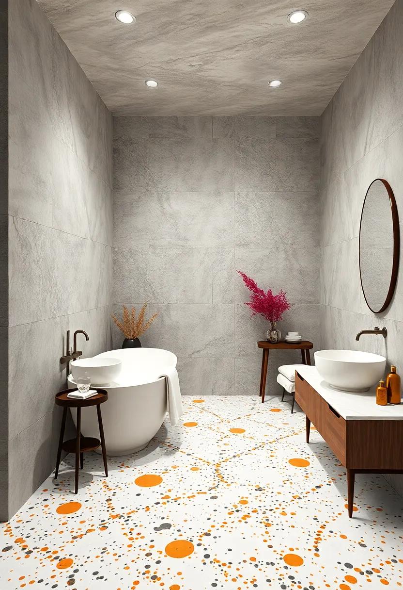 Bold Graphic Bathrooms Using Bright Primary Color Terrazzo Patterns and Minimalist Design