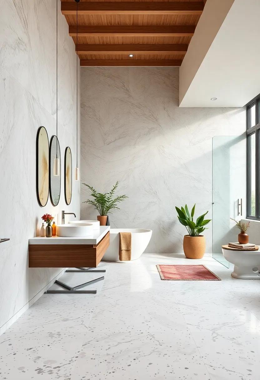 Bright and Airy Bathrooms Celebrating Light-Reflective Terrazzo Floors and White Marble Countertops