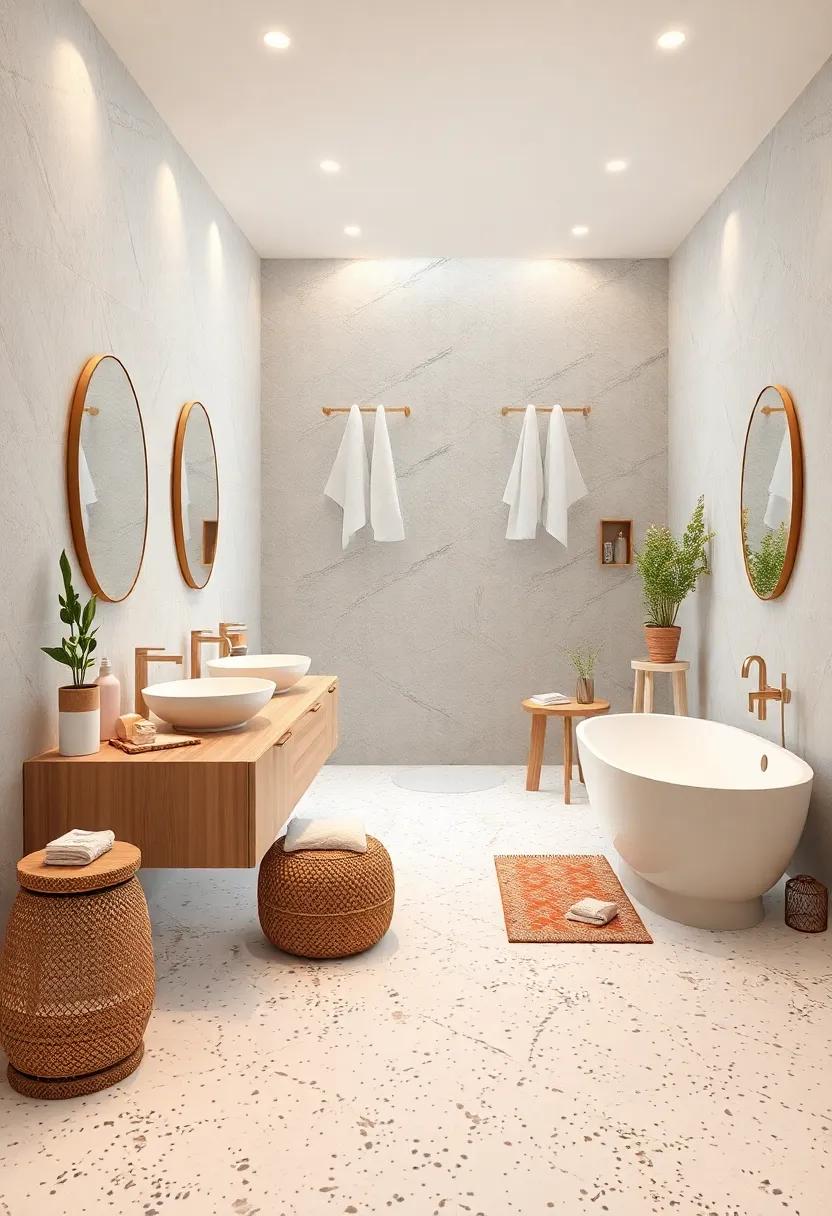 Clean Scandinavian Bathrooms Featuring Light Wood Finishes and Crisp White Terrazzo Floor Tiles