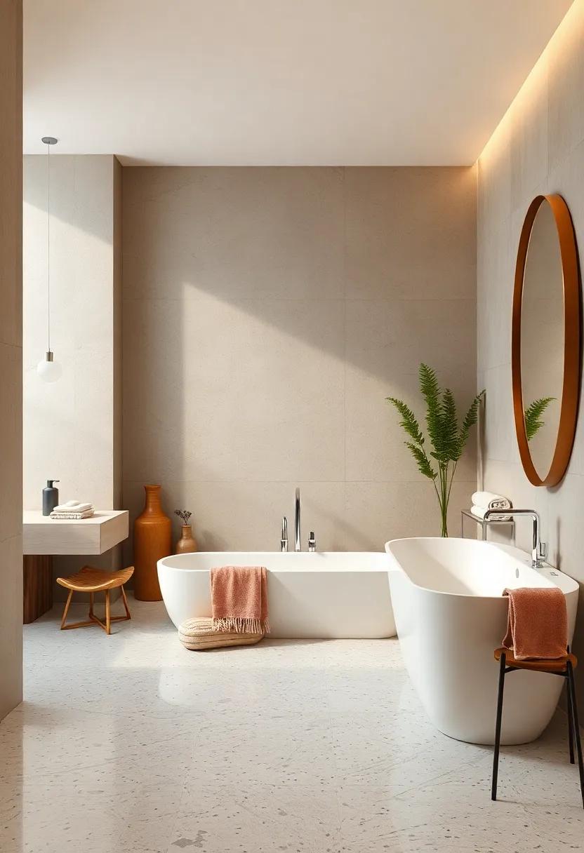 Cozy Contemporary Bathrooms Accented by Warm Neutral Terrazzo Floors and Plush Textiles