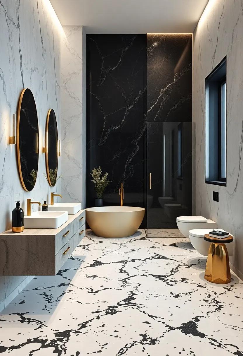 Elegant Monochrome Bathrooms Incorporating Black and White Terrazzo Flooring with Sleek Metallics