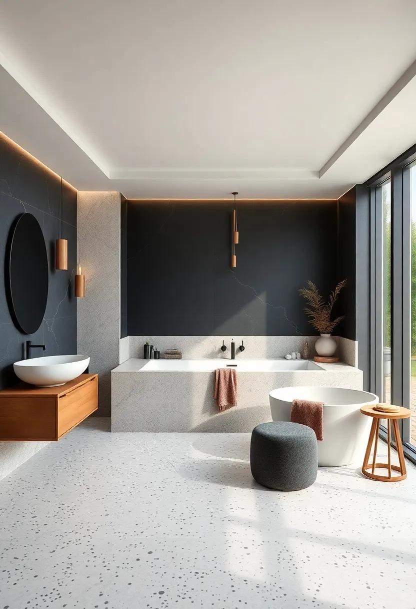 High-Contrast Bathrooms Defined by Deep Charcoal Walls and Light Terrazzo Flooring Accents