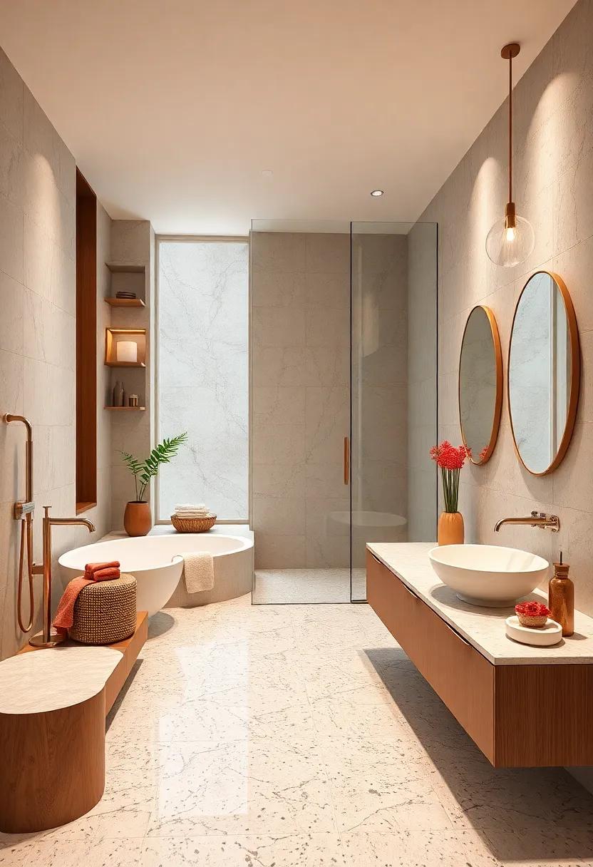 Luxurious Spa-Inspired Bathrooms with Soft Pastel Terrazzo Tiles and Natural Wood Accents