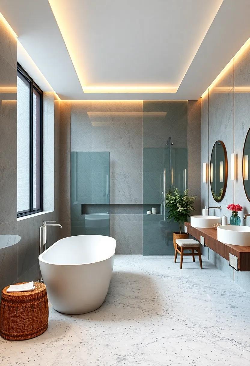 Luxurious Hotel-Style Bathrooms with Polished Terrazzo Floors and Statement Freestanding Tubs