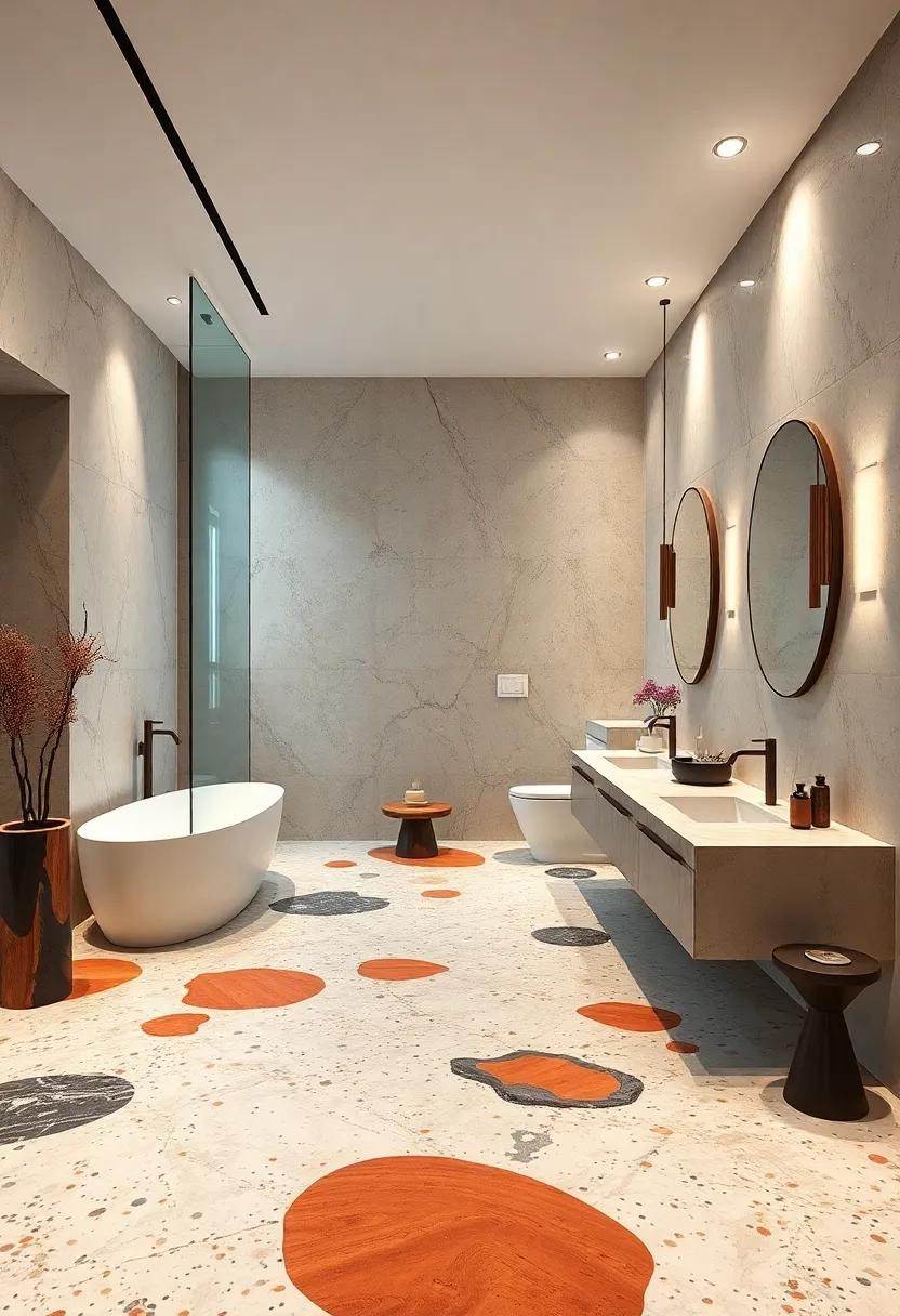 Modern Artistic Bathrooms Using Abstract Terrazzo Floor Arrangements and Sculptural Elements