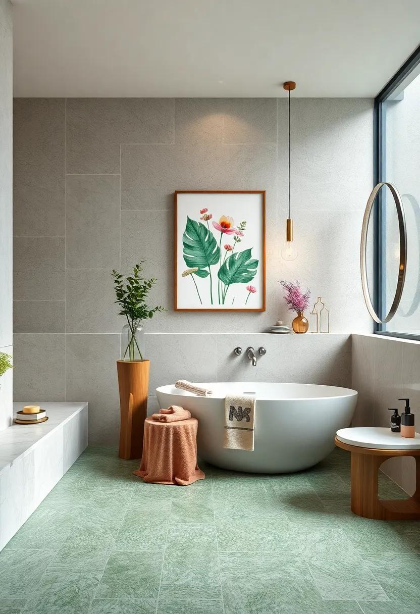 Nature-Themed Bathrooms Highlighted by Earthy Green Terrazzo Floors and Botanical Wall Art