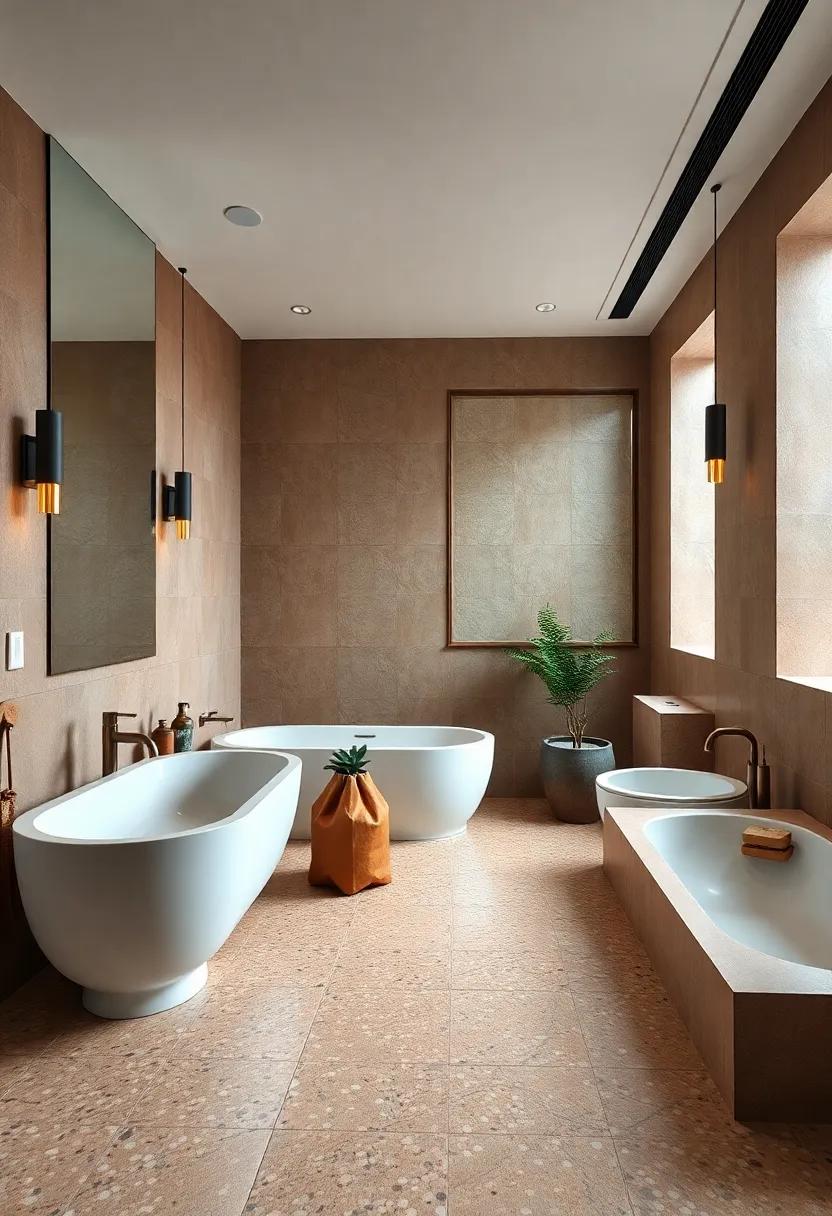 Rustic Meets Refined Bathrooms Featuring Warm Terracotta Terrazzo Floors and Stone Accessories