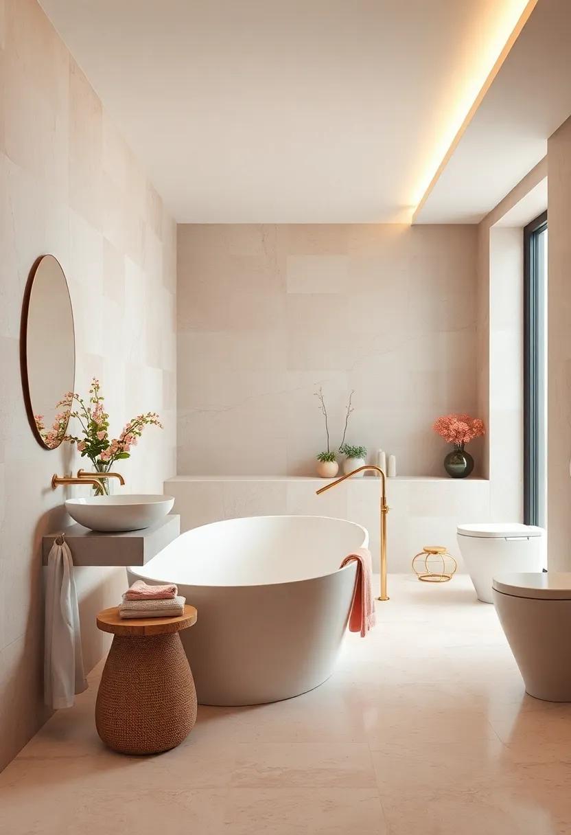 Soft Romantic Bathrooms Enveloped in Pink and Cream Terrazzo Floors and Delicate Lighting