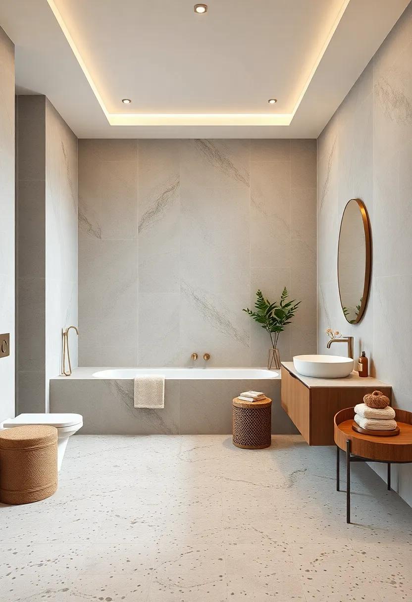 Soothing Minimalist Bathrooms Featuring Subtle Terrazzo Flooring in Earthy Tones