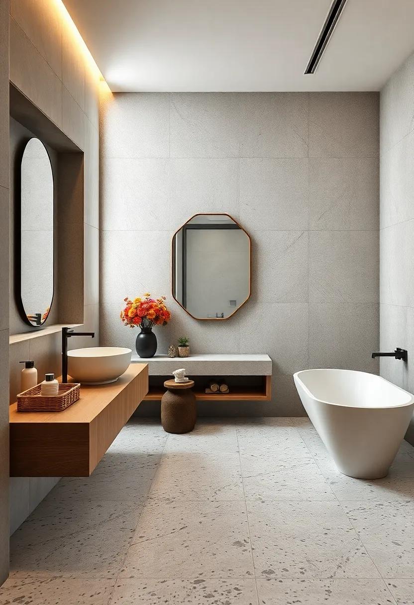 Urban Chic Bathrooms Spotlighting Industrial Elements Combined with Textured Terrazzo Flooring