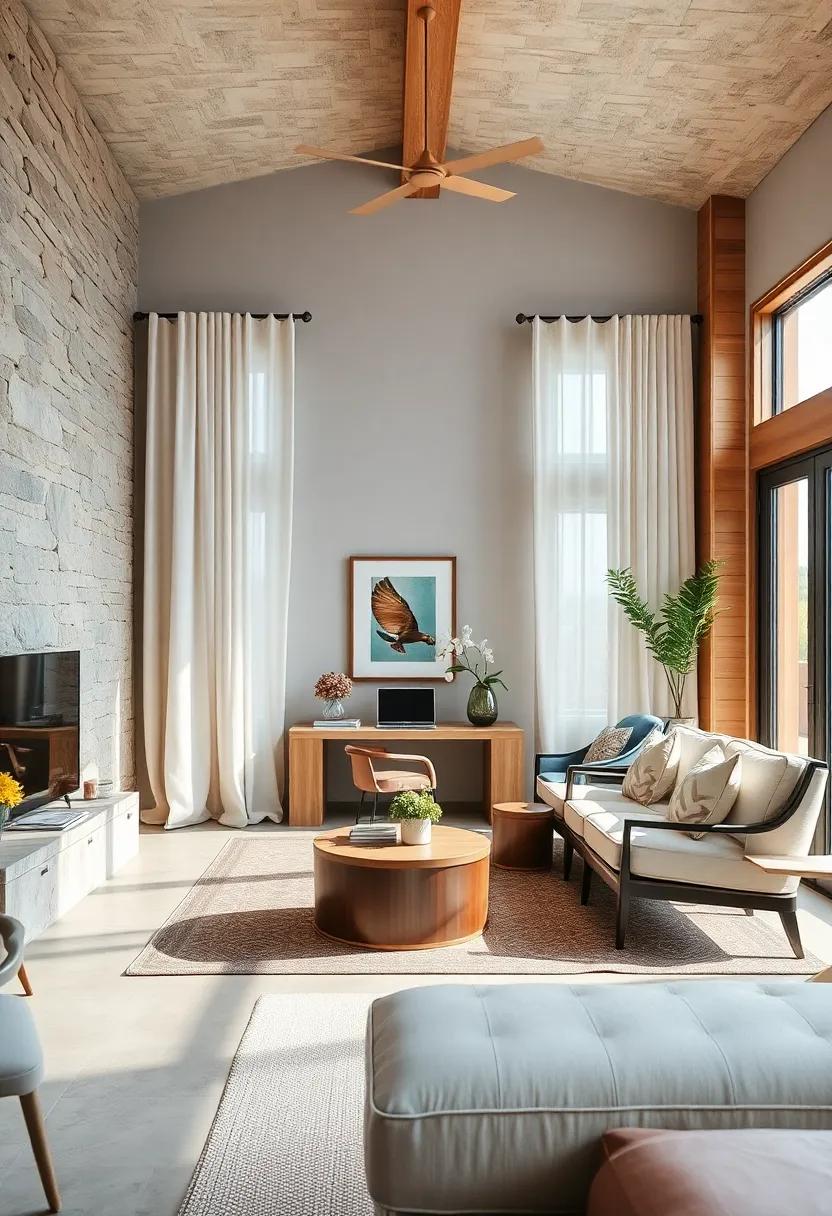 Sun-Kissed Wooden Accents Coupled with Soft Linen Drapes in a Sophisticated Workspace