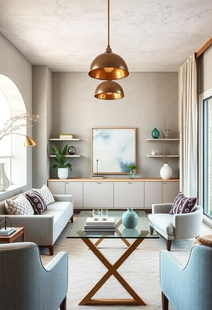 Modern Metallic Light Fixtures with a Hint of Bronze Over a Sleek Glass Writing Table