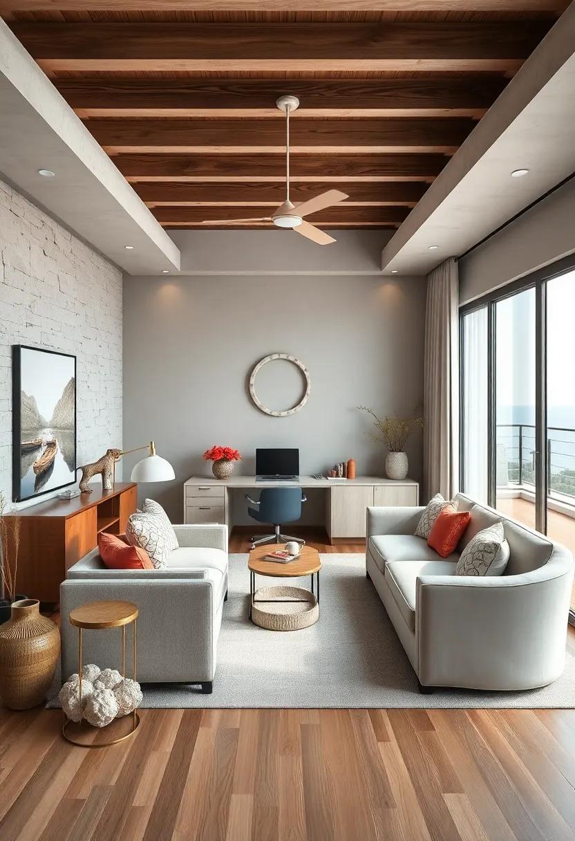 Subtle Coral and Seashell Decorative Elements Enhancing a Luxurious Yet Balanced Office Room