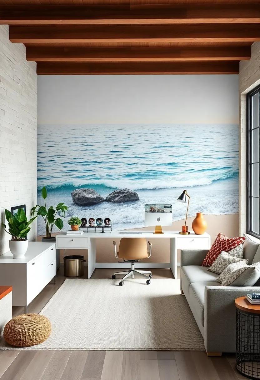 Elegant Coastal-Themed Wall Murals Depicting Gentle Waves and Sandy Shores in a Workspace