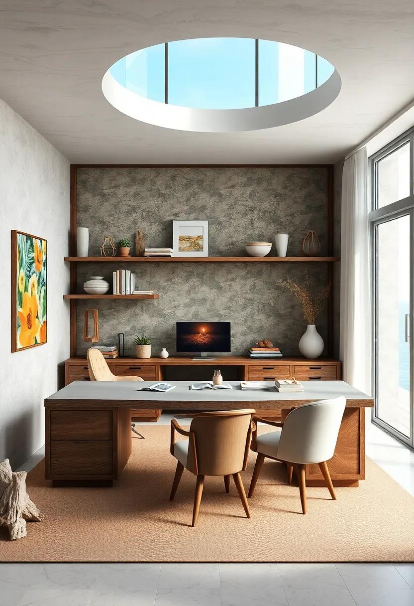 Ocean View Desk Spaces Featuring Curved Designs and Natural Driftwood Materials