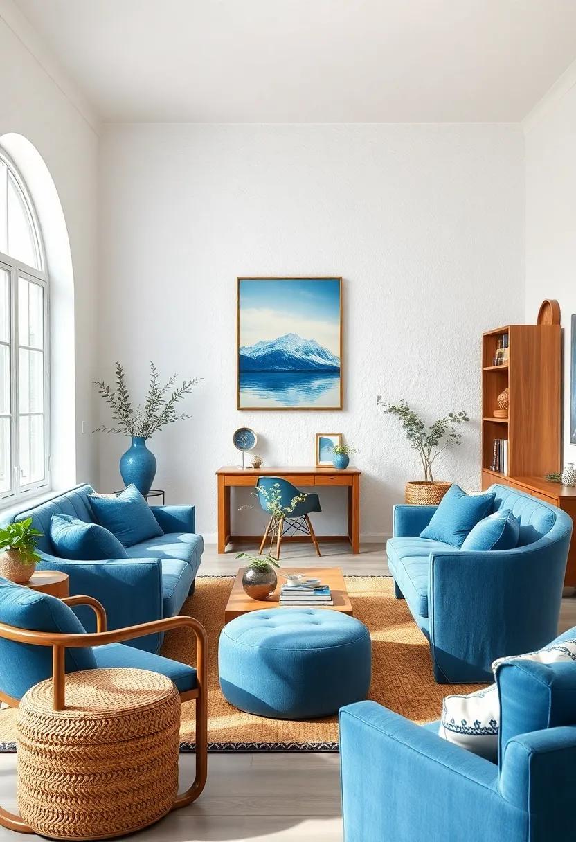 Minimalist Whitewashed Walls Complemented by Nautical Blue Furnishings and Golden Highlights