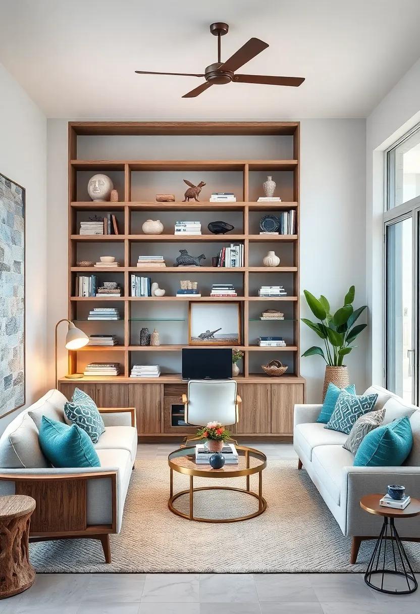 Organic Driftwood Shelving Units Displaying Curated Books and Coastal Artifacts